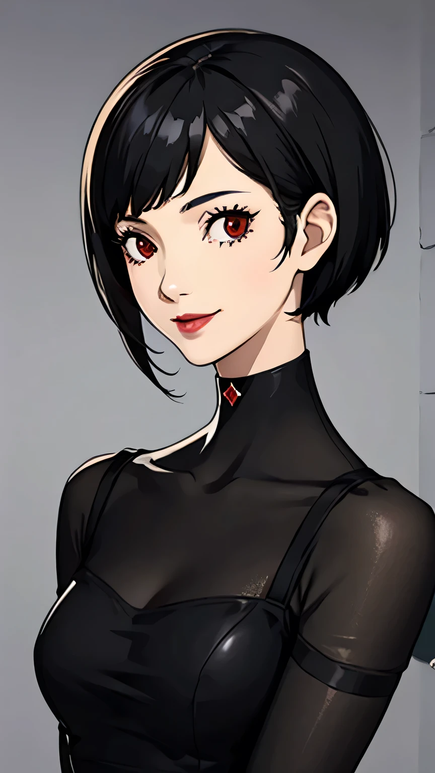 1 girl, red eyes, very Short hair, black choker, lipstick, portrait, smile, black hair, small breast
