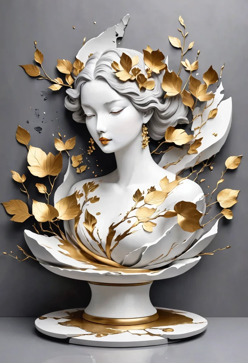((exhibit,Still Life Table,Artistic statues,3D Sculpture,ceramics,Surface cracks,Shattered Texture)), Show the beauty of nature.Kaneko,Golden powder, This artwork is presented on a grey background,Emphasize its artistic quality.