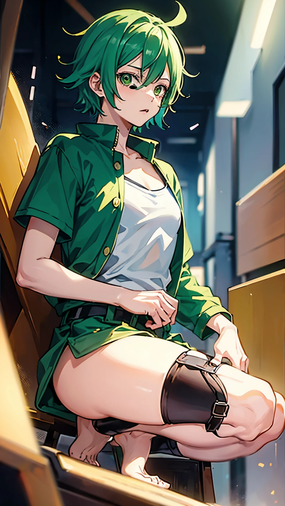 One Piece-style anime illustration、Only one man、28 years old、Salaryman、Kind eyes、Green Hair(Yellow-green mesh)、Short Hair、The background is a dim bar、