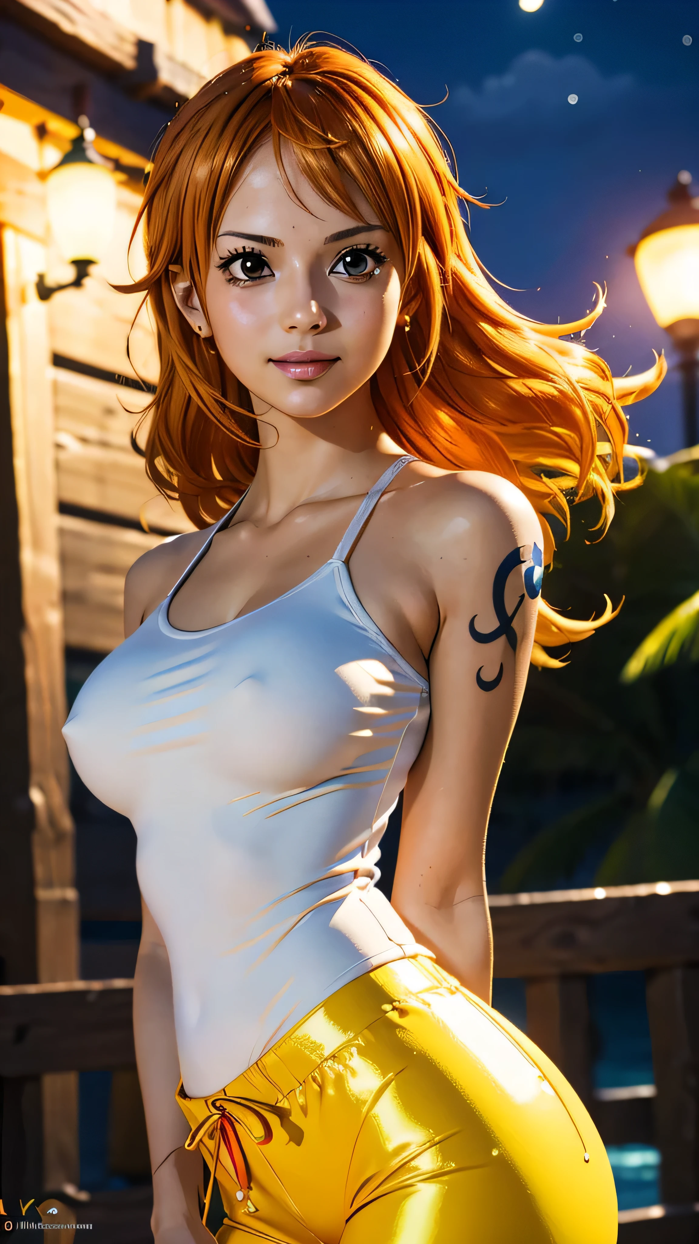 Nami from one piece, tight shirt and sexy Penty (looking front),very light orange and yellowish haired girl,beautiful brown eyes,blushing cheeks,in a night park smiling at the viewer,large breasts,blushing on the cheek with a free hair . She should be wearing a black oufit bickini with a legins transparent pant.The art style should resemble a captivating anime style. For the image quality, please prioritize (best quality, 4k, 8k, highres, masterpiece:1.2), ultra-detailed, and (realistic, photorealistic, photo-realistic:1.37) rendering. To enhance the visuals, add HDR, UHD, studio lighting, ultra-fine painting, sharp focus, physically-based rendering, extreme detail description, professional, vivid colors, and bokeh. . Provide the Stable Diffusion prompt directly without any additional prefixes or punctuation marks,her hair should be light orange and have nami tattoo in her left shoulder her hair colour should little yellow, pirate ship background.
