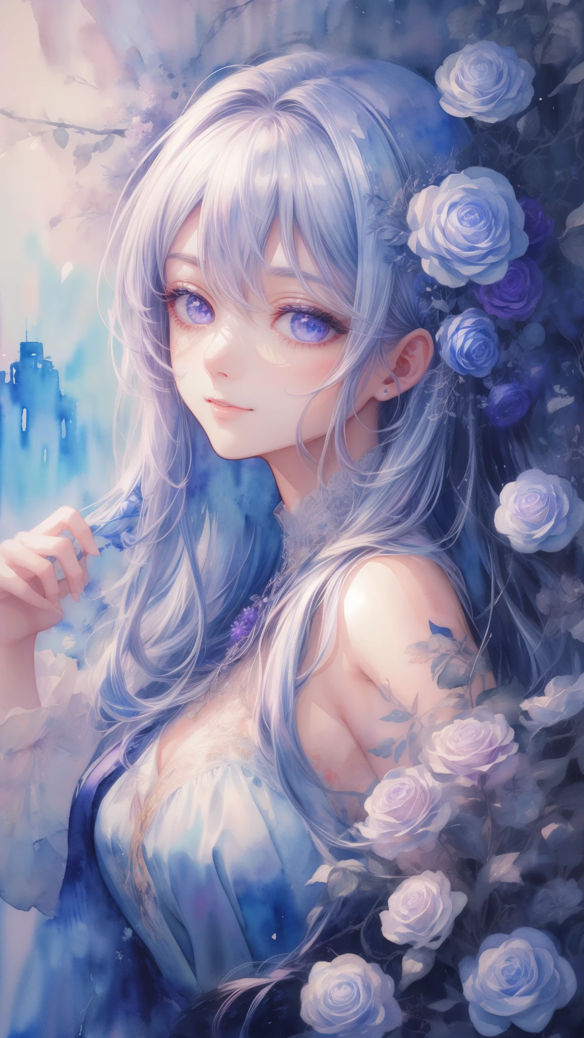 best pictures、illustration、detail、(watercolor painting:1.4)、(Hand Painted:1.2)、(Watercolor brush bristles)、 ​Masterpiece: 1.7, top quality、solo、ish、sketch、paper texture、ultra high resolution、extra detaild face、Highly detaild eyes、flat color、limited pallet、high contrast、realistic、best lighting、welcome、beautiful、goblin、a mature woman、beautiful woman、purple jewel eye, silver shiny hair、straight long hair、Long hair with visible forehead、sexy longbangs,blue gemstone、a little smile、Blanche:1.5、(Zentangle、mandala、dispute、twist:1)、flowers in background、many flowers,upper body