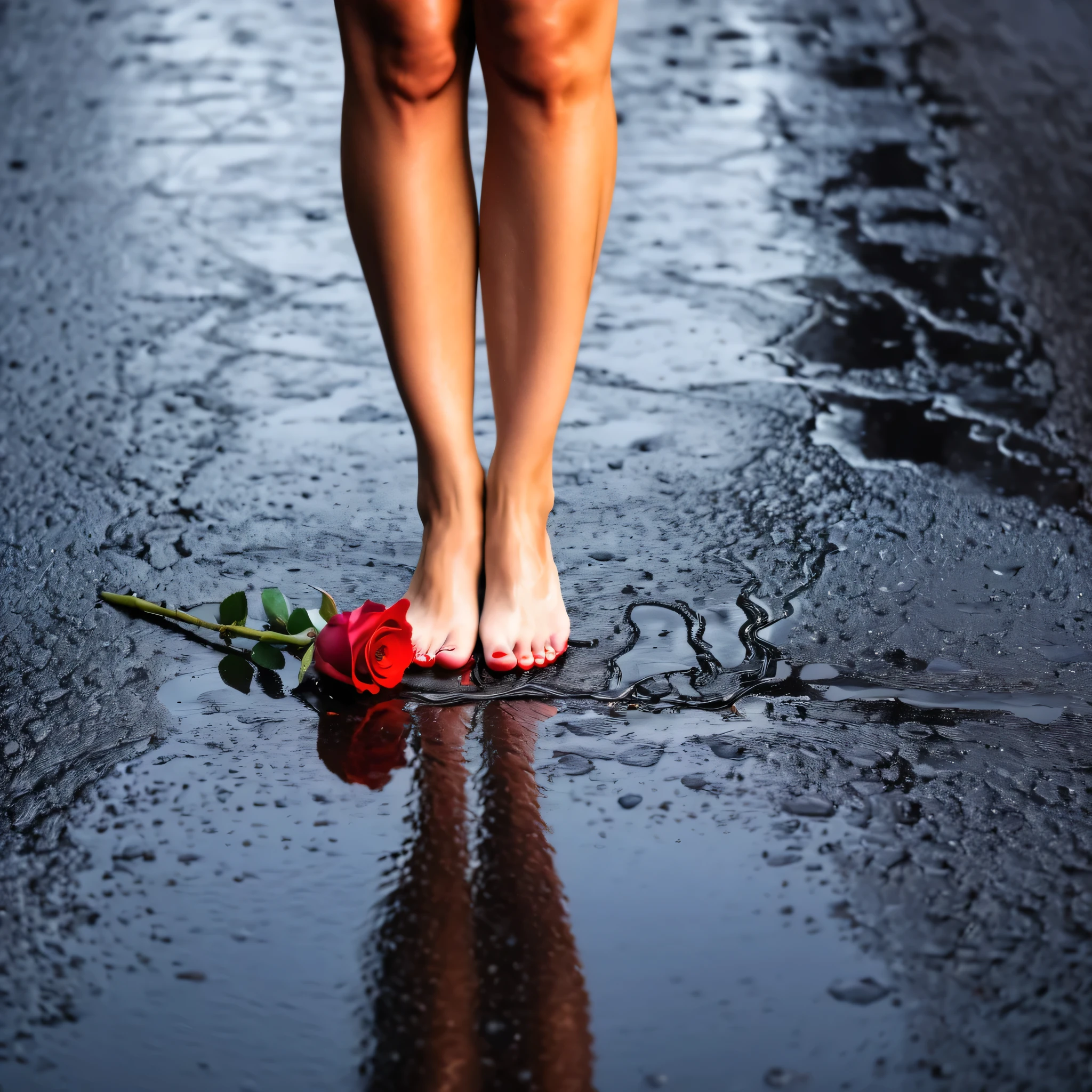 a red rose beside beautiful woman feet in the wet asphalt surface after rain, wet rose,