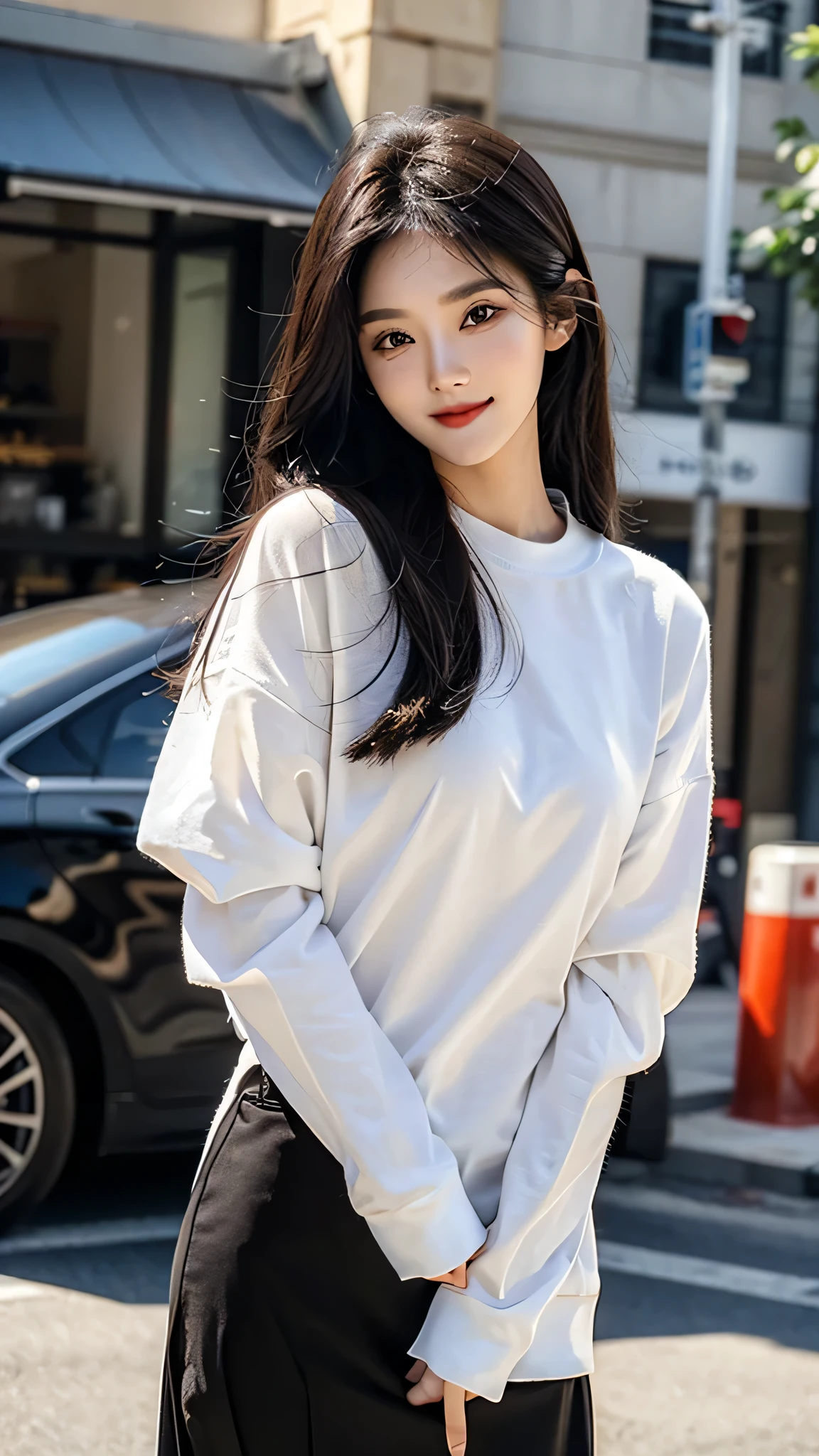 masterpiece、top-quality)、1 beutiful girl、Slim body、((Black and white plain clothes:1.1))、((Wearing black sunglasses )), (Detailed beautiful eyes)、Walk around the store、((Boyish Brown Medium Hair))、((Smaller face))、((Neutral face))、((Face seen from the side))、((Light brown eyes))、((Korean Girl))、((18year old))、((cool lady))、((A shy smile on his face))、((Korean Makeup))、((elongated and sharp eyes))、((Happy dating))、((looking distantly))、((boyish))、((Shot from the same height as your face))、((Shorter than viewer))、((She is running ahead of the viewer))、((Hold your mouth with your hand)), CG rendering, Blurred background, deep shadow, 16K, Very detailed, wallpaper, depth of field, movie light, lens flare, Ray tracing.