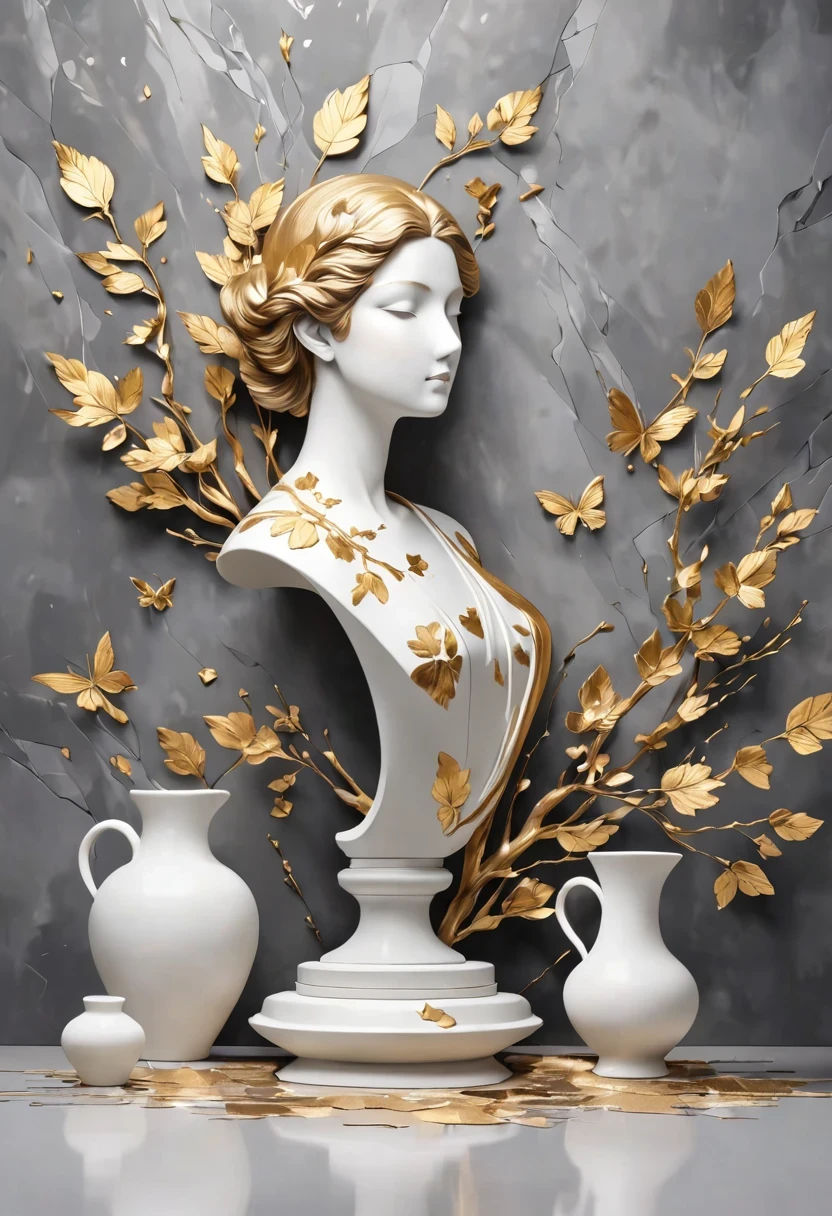 ((exhibit，Still Life Table，Artistic statues，3D Sculpture，ceramics，Surface cracks，Shattered Texture)), Show the beauty of nature.Kaneko，Golden powder， This artwork is presented on a grey background，Emphasize its artistic quality.
