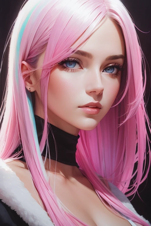 watercolor and oil painting fusion, best quality, hot pink artwork, white line art, beautiful woman self portrait, light up
