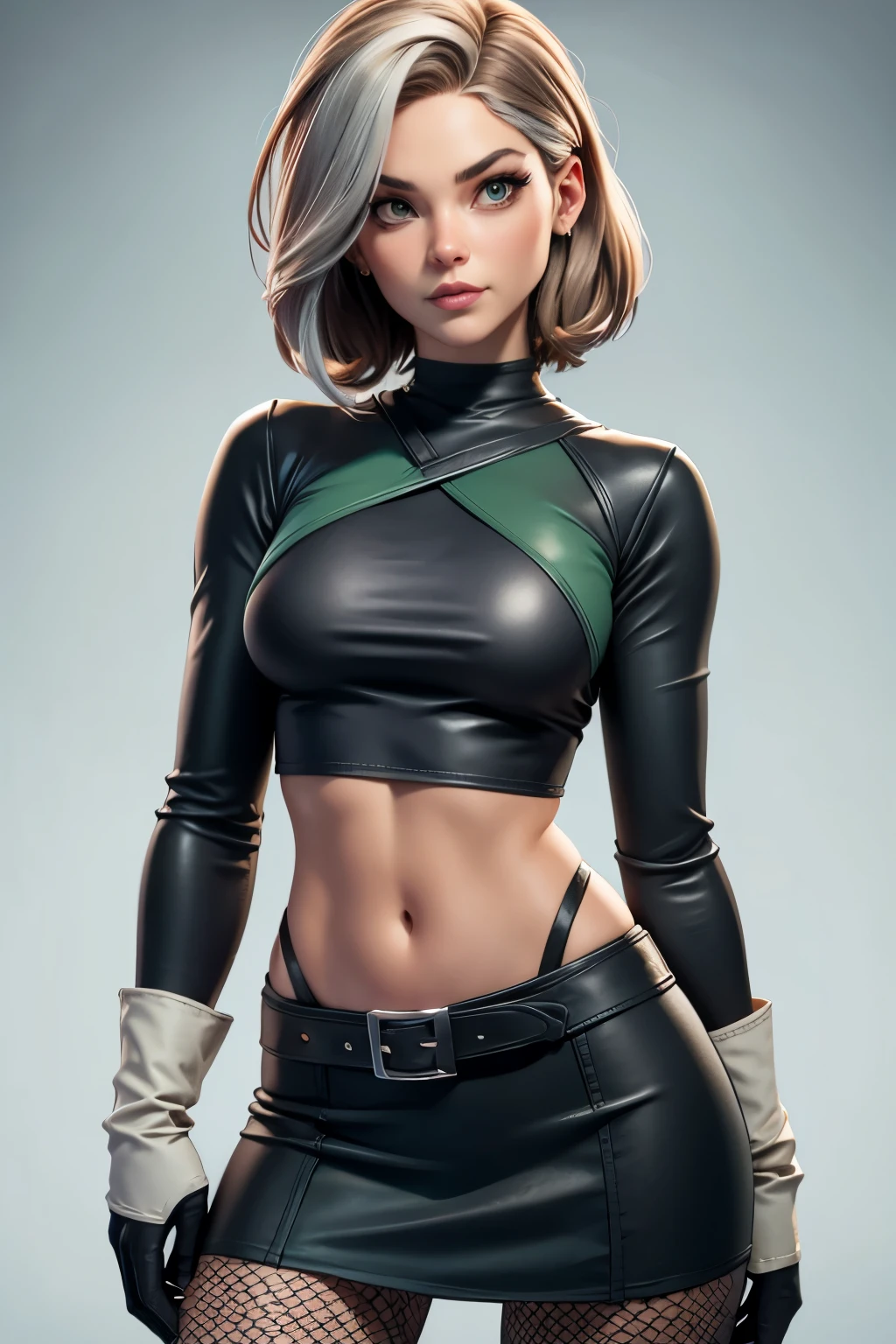 rogue from x men evolution with a brown short rogue hair, big gray eyes, very small breasts, cotton cream top WITH NECKLINE and open green cotton tunic jacket on top, fish net tights, black skirt, black gloves, covered navel, cropped legs, cotton, front view!, white background, realistic colors, front view, light coming from the right, 8K image quality, Masterpiece