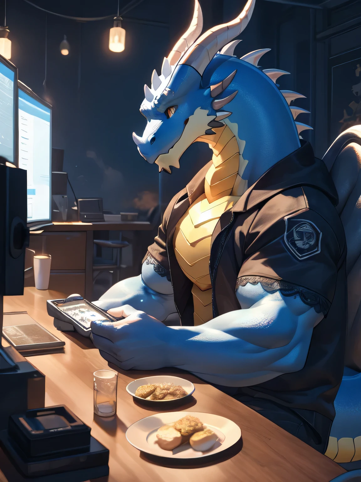 dragon,Anthropomorphic male dragon, Highlight the dragon angle,Highlight his muscular body and sharp claws, Showing the outline of the chest, abdomen, Stretch and Elegance, Delicate lace pattern glitters in the light. Keep your eyes on the screen，Play games with headphones，Sitting at the table，The background is the scene of the e-sports competition。dragon&#39;Tail, Long-lasting and powerful, 他Sitting at the table，Playing games with headphones on，Keep your eyes on the screen，Emphasizes his charming masculinity. dragon&#39;Keep your eyes on the screen，Play games with headphones，Sitting at the table，The background is the scene of the e-sports competition。The Winged Dragon of Ra (YGO)