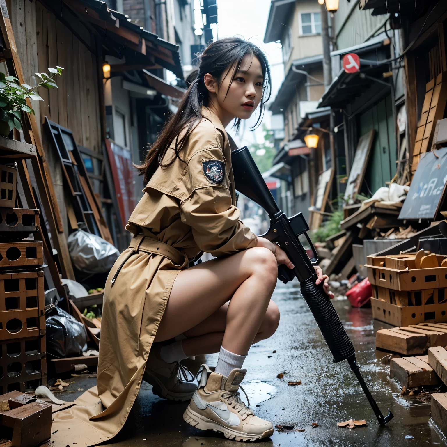 (Very detailed, Realistic photos, Realistic skin texture), 8k, A beautiful Japanese woman living in America looks back with a sawed-off shotgun on her hip, He is wearing a dirty and torn beige trench coat., navy yankees baseball cap, Dirty high-top Nike sneakers, An alley littered with bricks and rubble, It rains and clothes get wet, In an attractive and action-packed pose, And a cool configuration.
