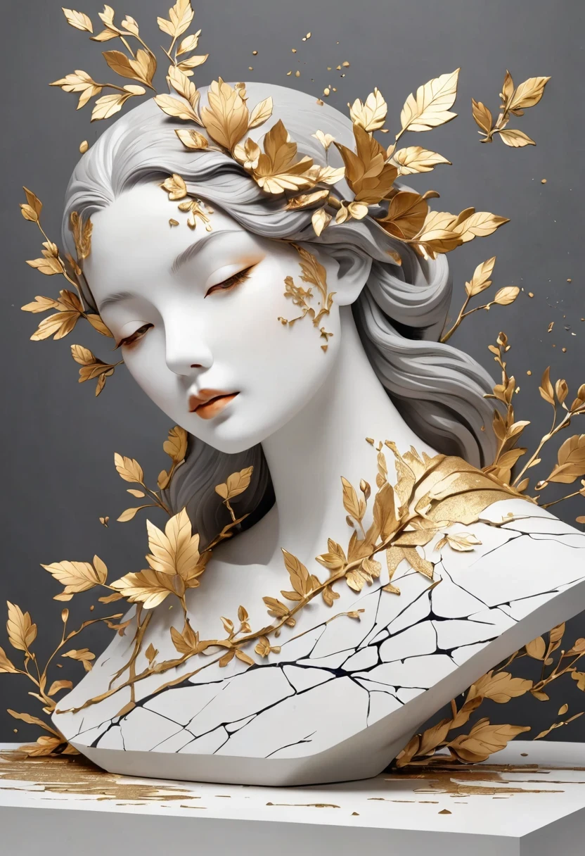 ((exhibit，Still Life Table，Artistic statues，3D Sculpture，ceramics，Surface cracks，Shattered Texture)), Show the beauty of nature.Kaneko，Golden powder， This artwork is presented on a grey background，Emphasize its artistic quality.
