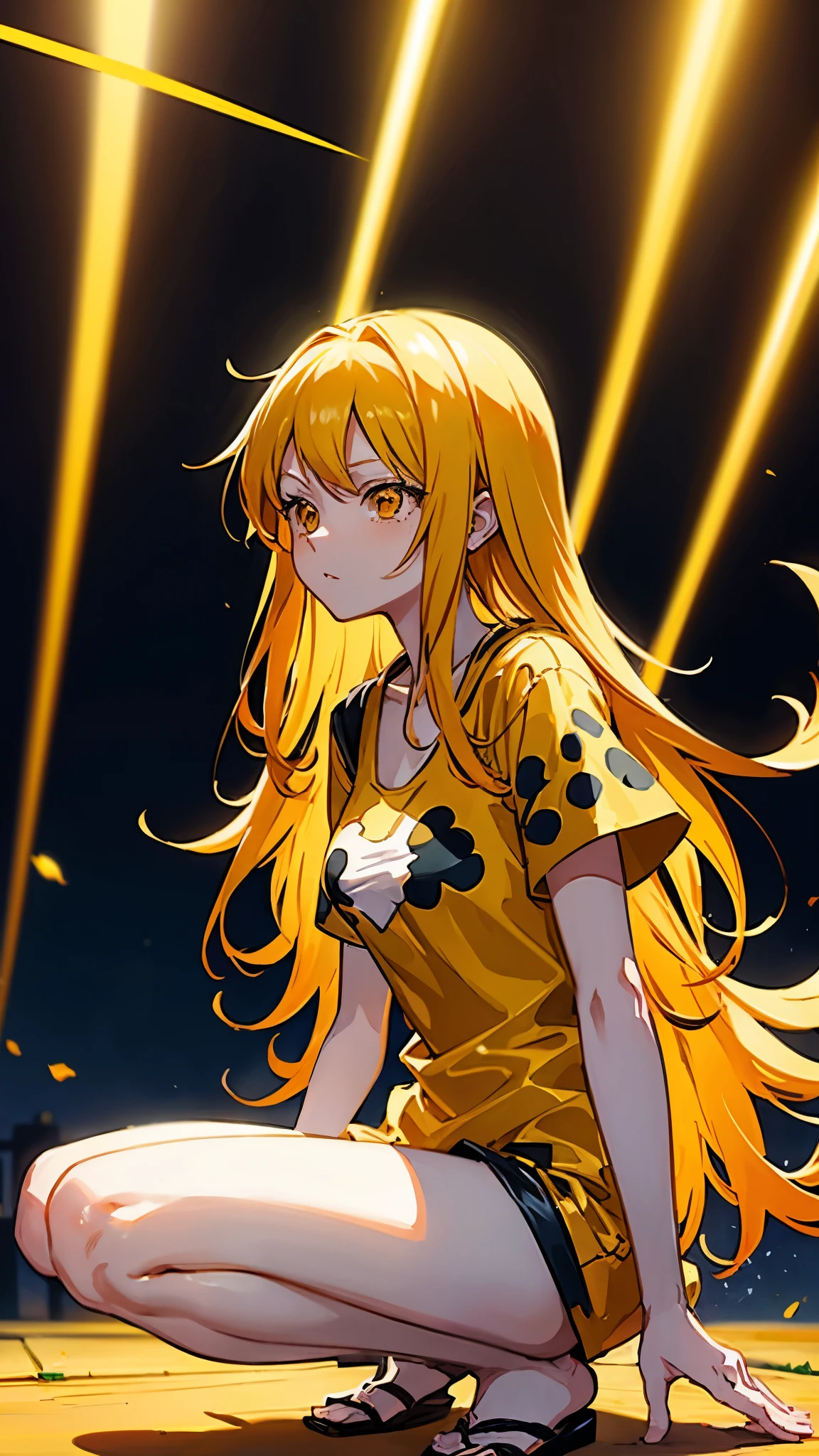One Piece-style anime illustration、Only one woman、Age 35、、Orange-themed clothing、Suspicious eyes、Yellow Hair（Light yellow mesh）、Long Hair、The background is a dim bar、