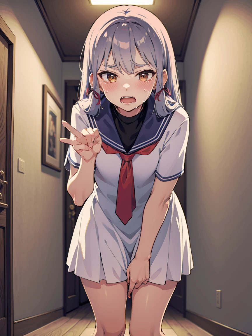 1girl, murakumo (kancolle), long hair, solo, dress, sailor dress, orange eyes, grey hair, red necktie, ribbon, hair ribbon, sailor collar, bangs, sidelocks, white dress, tress ribbon, blue sailor collar, necktie, neckerchief, (small breasts, little body), (short stature:1.2), 1 little gilr , solo, looking at viewer
BREAK 
(sfw:1.3), have to pee, (hand between legs), leaning forward, pigeon-toed, raise one hand
BREAK
(anger), (crying), (blush), (open your mouth:1.3), wavy mouth
BREAK
official art, best masterpiece, best quality, best resolution, 8K, best detailed, highly detailed hands, highly detailed fingers, very detailed mouth, perfect anatomy
BREAK
(door, hallway), dust, dust, light particles, very fine and detailed 16KCG wallpapers