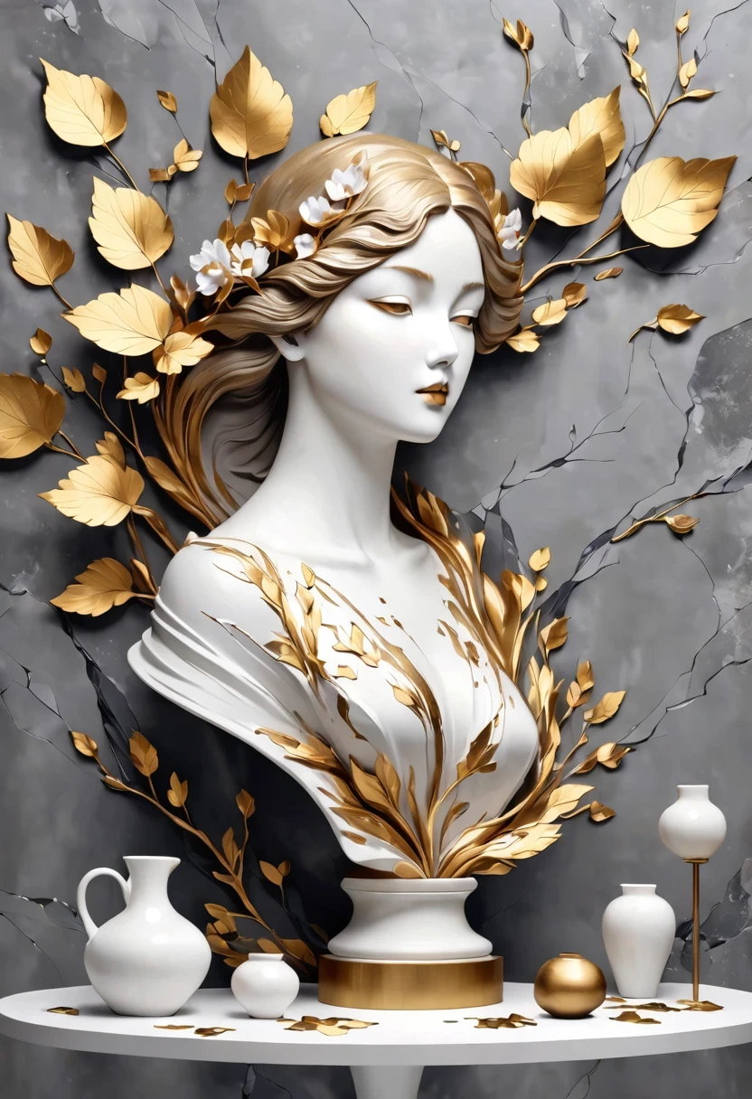 ((exhibit,Still Life Table,Artistic statues,3D Sculpture,ceramics,Surface cracks,Shattered Texture)), Show the beauty of nature.Kaneko,Golden powder, This artwork is presented on a grey background,Emphasize its artistic quality.