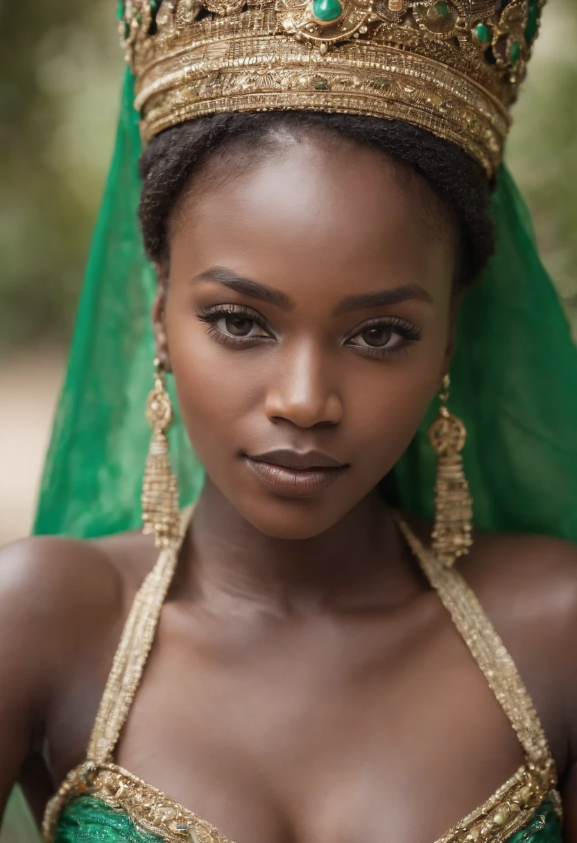 Girl wearing a green headdress and jewelry, stunning african princess, dark skin female goddess of love, 16 years old, black african princess, portrait of a beautiful goddess, african princess, dark skin, dark complexion, beautiful face, african queen, goddess close-up portrait, goddess jewelry, covered in jewels, , fullbody,beautiful face