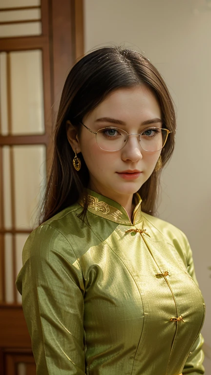 a close up of a woman in a green dress and glasses, in style of lam manh, ao dai, mai anh tran, nivanh chanthara, vietnamese woman, wearing gold glasses, south east asian with long, wearing gold jewellery, a young asian woman, inspired by Ruth Jên, mid shot portrait, beautiful oriental woman