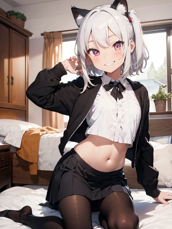 1 Girl, 10 years old, ,Lovely, Solitary, Grin, Naughty smile, flat chest, Lovely children fashion,、White hair,Cat ear,Pink Eyes,Wear a white shirt,Show your belly button,Wearing a black pleated skirt,Pantyhose,in the room,Kneeling on the bed、Front view、bait、Condescending gaze、A proud expression