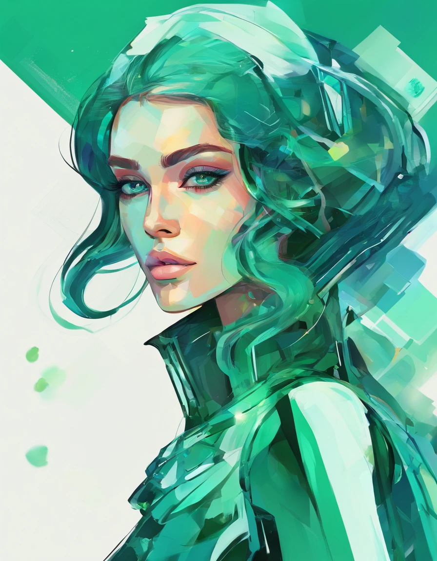 √(2×4)+5^(2), a futuristic woman dressed in emerald green and blue is walking ,digital art