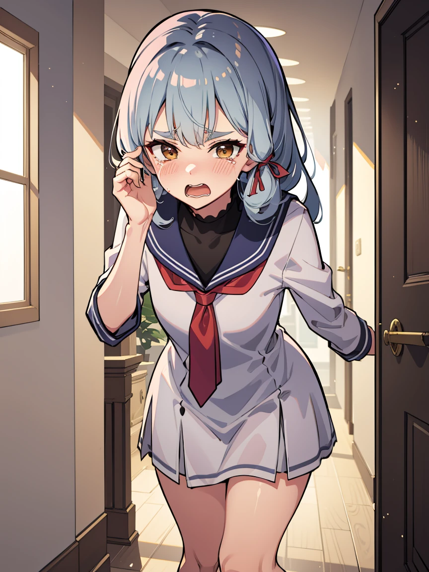 1girl, murakumo (kancolle), long hair, solo, dress, sailor dress, orange eyes, grey hair, red necktie, ribbon, hair ribbon, sailor collar, bangs, sidelocks, white dress, tress ribbon, blue sailor collar, necktie, neckerchief, (small breasts, little body), (short stature:1.2), 1 little gilr , solo, looking at viewer
BREAK 
(sfw:1.3), have to pee, (hand between legs), leaning forward, pigeon-toed, raise one hand
BREAK
(anger), (crying), (blush), (open your mouth:1.3), wavy mouth
BREAK
official art, best masterpiece, best quality, best resolution, 8K, best detailed, highly detailed hands, highly detailed fingers, very detailed mouth, perfect anatomy
BREAK
(door, hallway), dust, dust, light particles, very fine and detailed 16KCG wallpapers