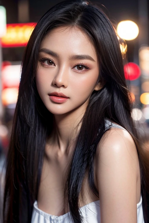 best quality, realistic, front pov, los angeles city street, (a female Indonesian supermodel), (puffed breasts) (perked nipples), (big breasts), seductive smile, (dark hair), (long hair) (straight hair:1.1), perfect eyes, sharp details, detailed face, face makeup, cheeks blush, eyeliner, eyeshadows, lip gloss, supermodel, (deep focus), (hard lighting), (bare bright skin), (realistic lighting:1.0)