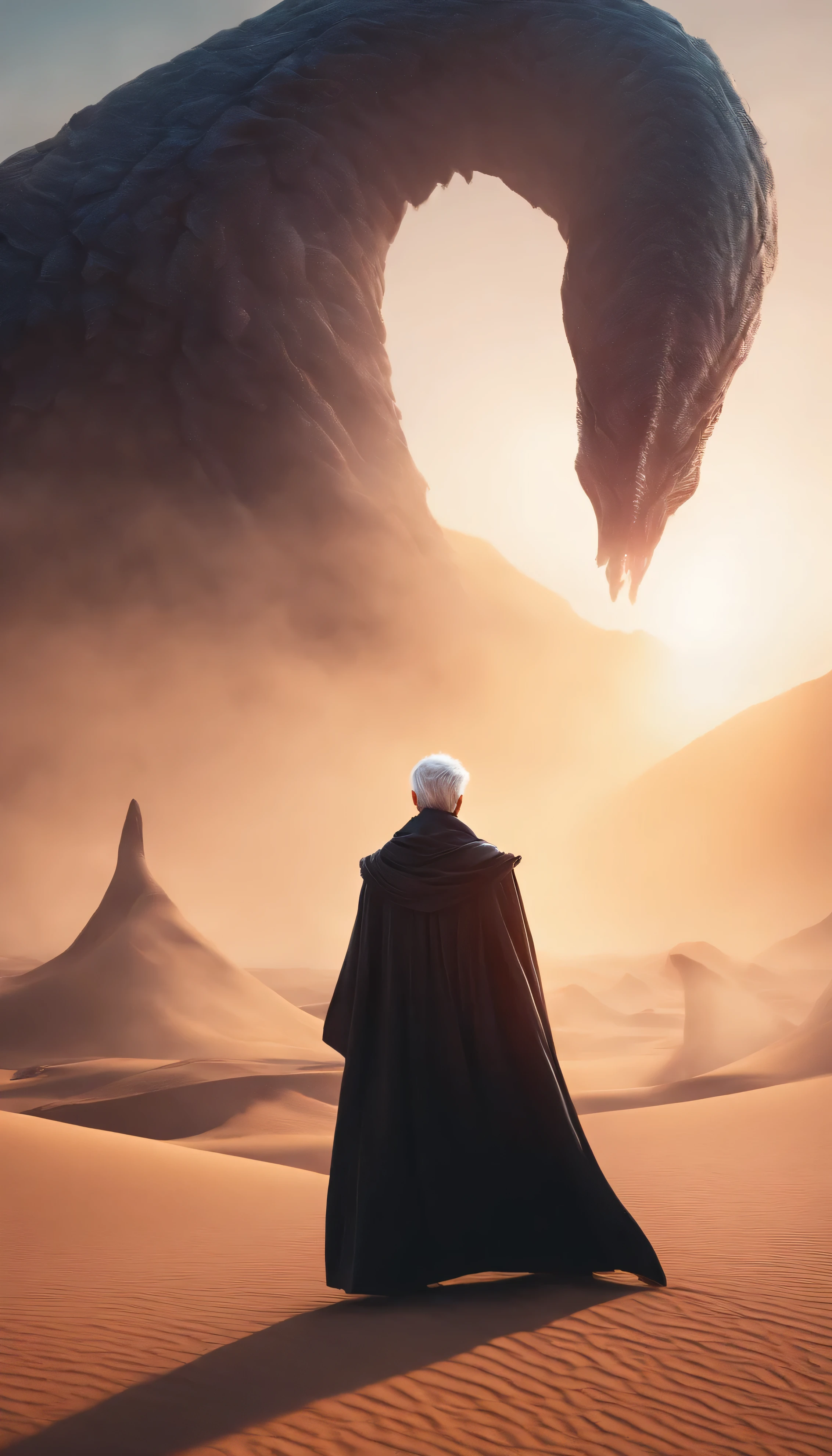 8k, a male young wizard with black cloth from behind with grey short hair with white aura, fight giant worm monster in desert