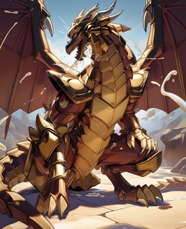 sky_go,Tail,armor,luminescent,The Winged Dragon of Ra (YGO),blush,Wearing underwear,Milk spilled all over the floor,Splashed on