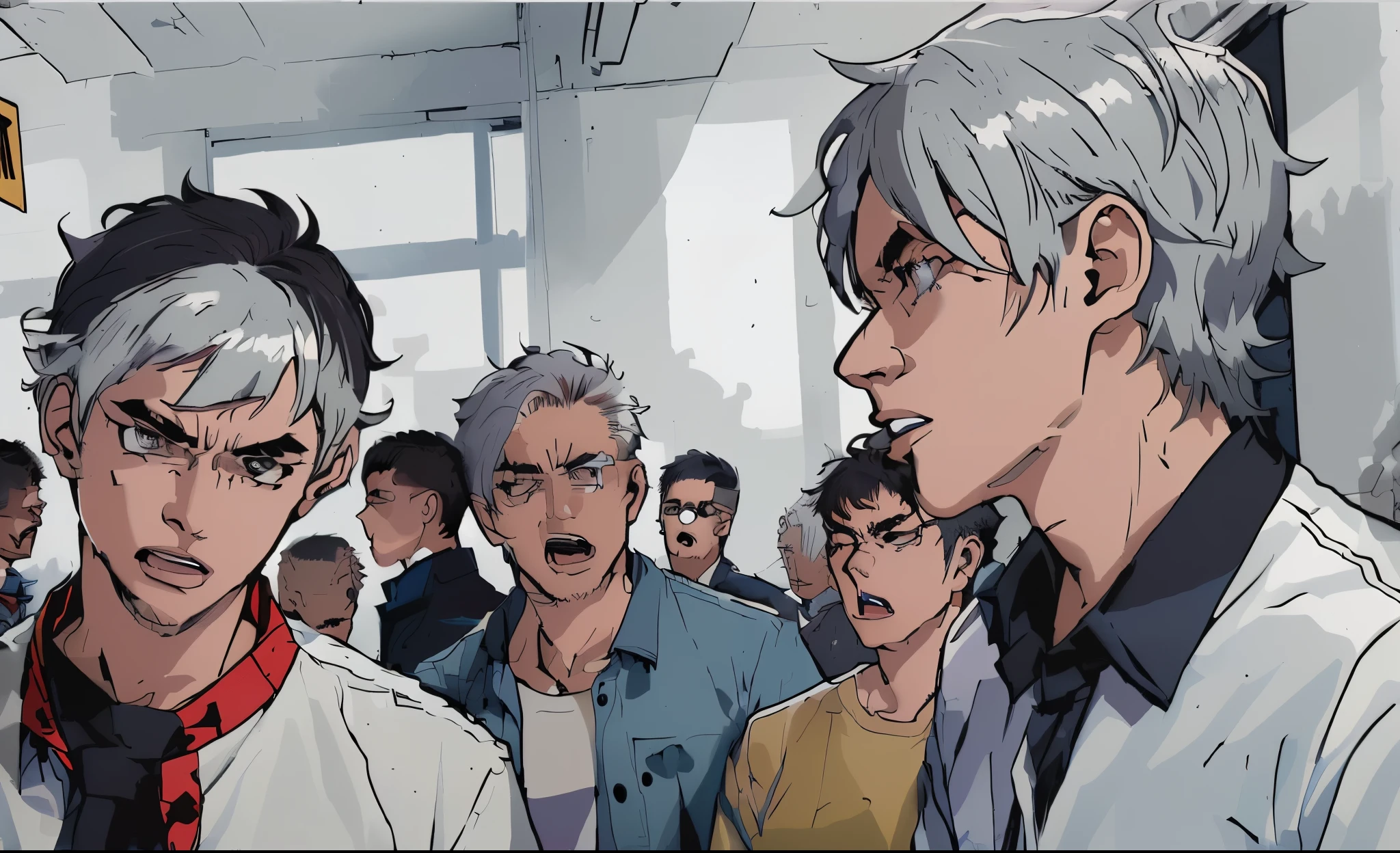 Anime characters are standing in a crowded room with a man in a tie., estilo ross tran, color manga panel, akehiko inoue y ross tran, panel manga coloreado, al estilo de ross tran, arte oficial, fanart oficial, por Jang Seung-eop, tipo, shigenori soejima illustration, amazing manga art style, official illustration