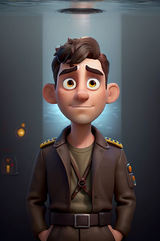 (masterpiece:1.2),ultra-detailed,realistic,37-year-old man,light brown eyes,dark black hair,German submarine,captain,nautical uniform,detailed facial features,determined expression,dark surroundings,dramatic lighting,submarine control room,metallic surfaces,reflective glass panels,operational equipment,engines humming,periscope raised,intense focus on monitors,subtle gleam on controls,somber color palette,powerful aura.