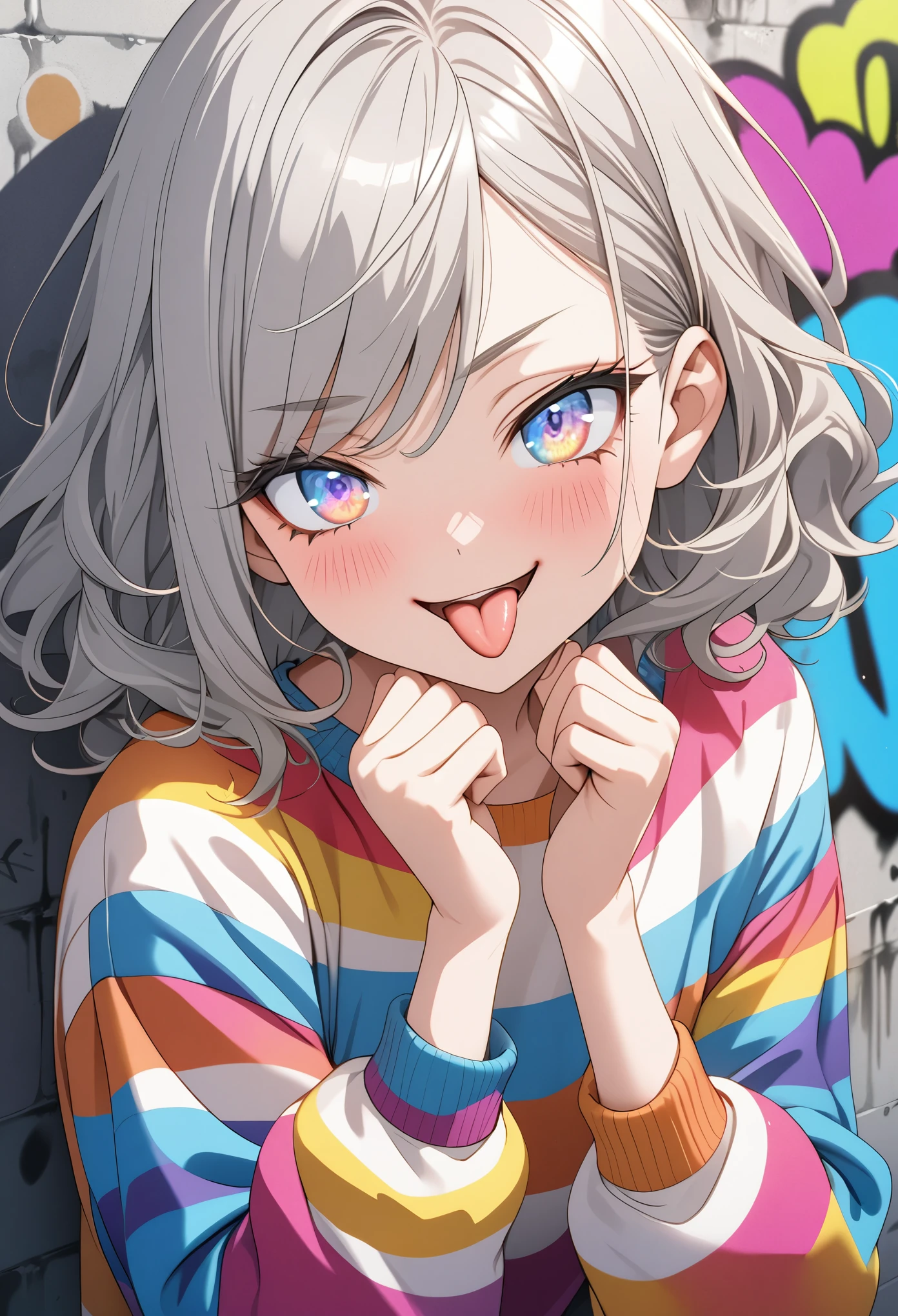 ((Masterpiece)), ((best quality)), (Anime:1.3), (super detail:1.2), (High Definition:1.3), (Professional Photography:1.3), ((12 years old)), cute young Girl, Glossy unruly hair, (loose swept bangs), (silver ash hair), medium hair, big eyes, (Eye bags:1.5), (Long eyelashes), colorful eyes, (smug and blush), open mouth, Glossy lips, (sticking out tongue,), farewell, ((stripes sweatshirt with oversized)), zip up, barearms, cute, (Cover my face with hands), (colorful:1.3), makeup, (against the graffiti wall:1.5),