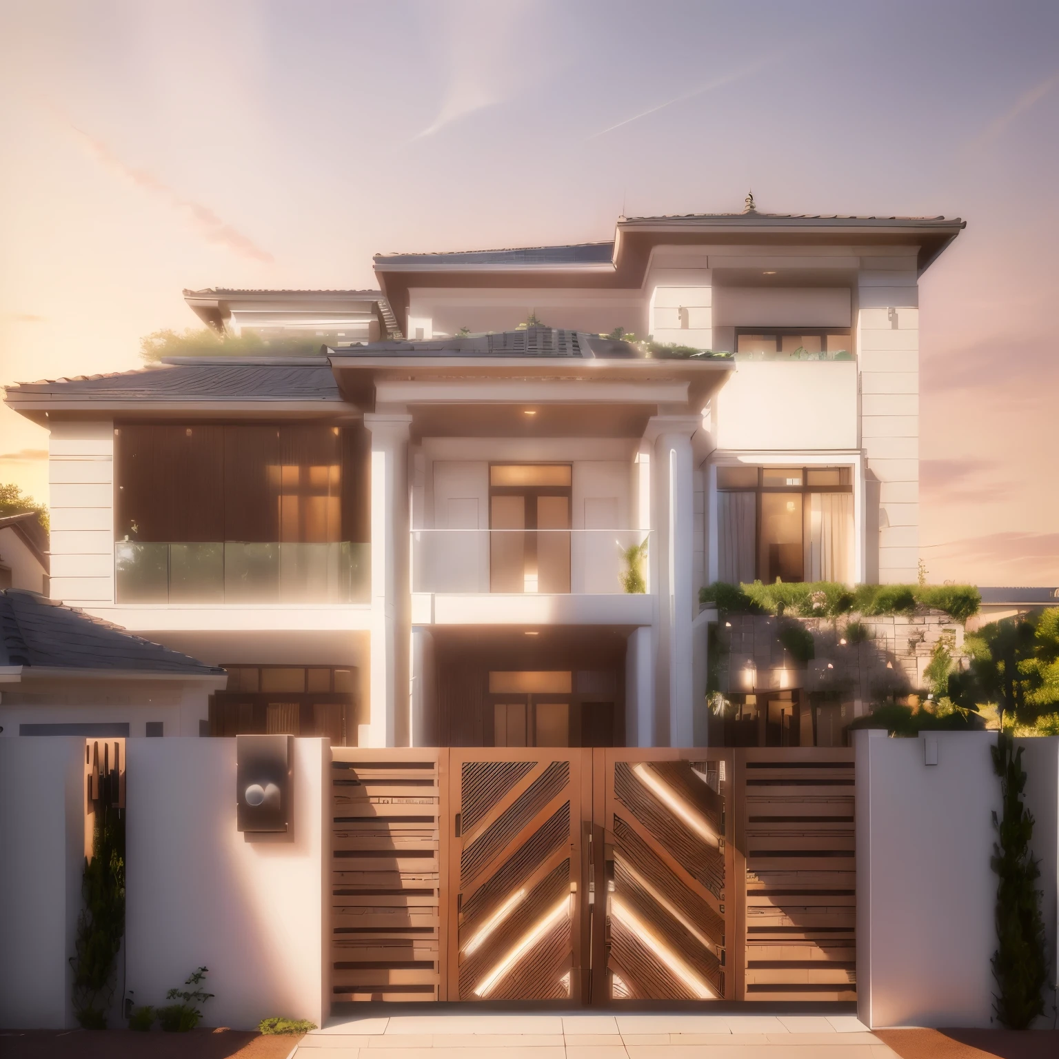 Realistic images, extremely detailed, a modern house, 1 road in font of house, large yard made by ceramic, (1 car), brick fence, lawn, a few small flowers, a road in front of the house, main materials of the house are white walls and red brick, Modern design, clear blue sky, sunrise light, light from inside, dynamic light,shimering light, cinematic light, romantic feeling, (((day light, warm light)))