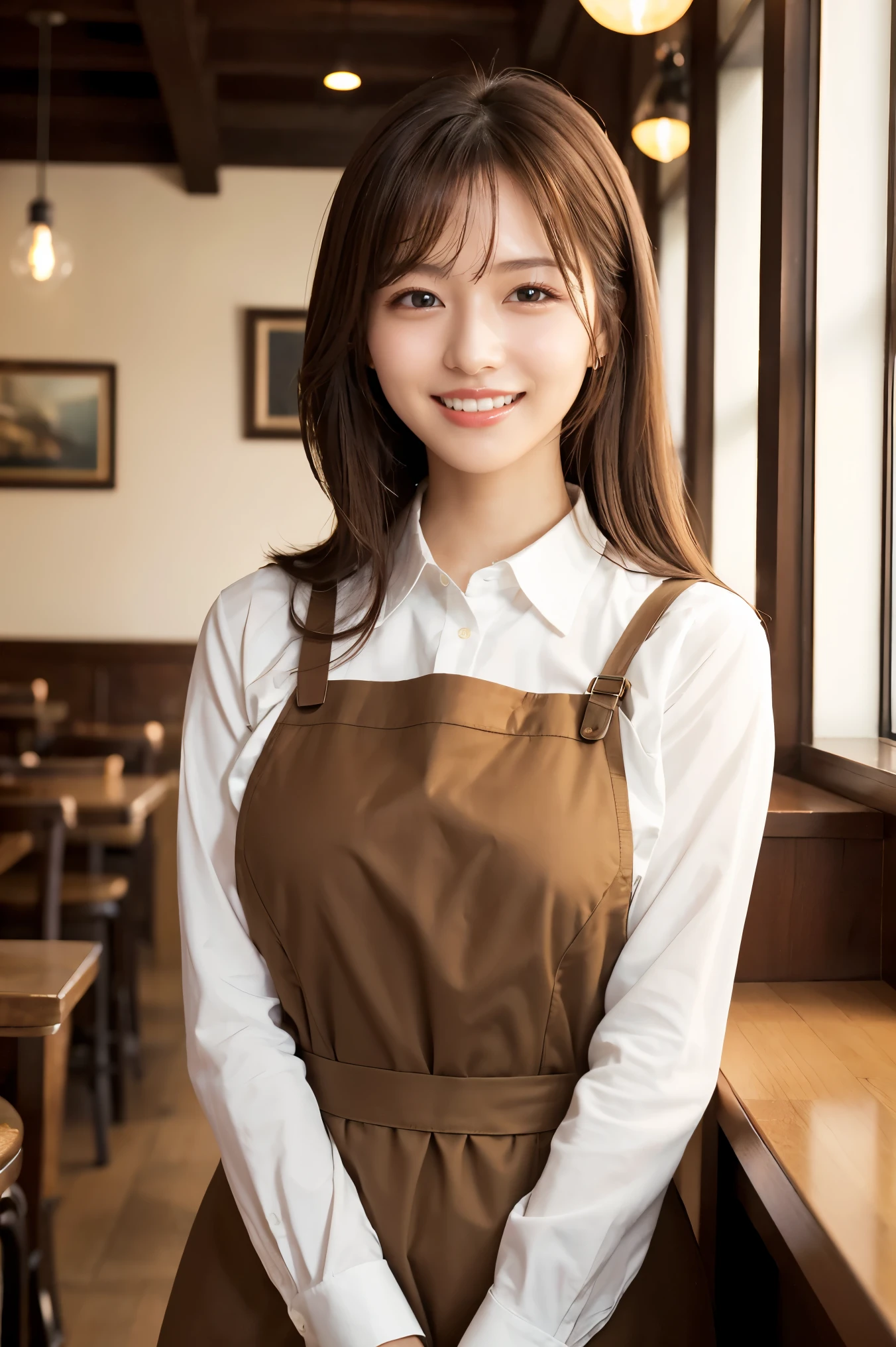 (highest quality、Tabletop、8k、Best image quality、Award-winning works)、Woman working in a café、The perfect brown apron、A classy shirt and apron、Big Breasts、(Accentuate your body lines:1.1)、Beautiful woman portrait、The most elegant and cozy cafe、The most natural cafe, Perfectly organized、The most atmospheric and warm lighting、Stylish and elegant cafe、Strongly blurred background、Look at me and smile、Accurate anatomy、Ultra high resolution perfect beautiful teeth、Ultra-high definition beauty face、Ultra HD Hair、Ultra HD Shining Eyes、Shining, ultra-high quality beautiful skin、Super high quality glossy lip