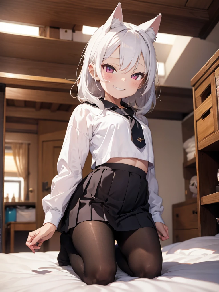 1 Girl, , ,Lovely, Solitary, Grin, Naughty smile, flat chest, Lovely children fashion,、White hair,Cat ear,Pink Eyes,Wear a white shirt,Show your belly button,Wearing a black pleated skirt,Pantyhose,in the room,Kneeling on the bed、Front view、bait、Condescending gaze、A proud expression