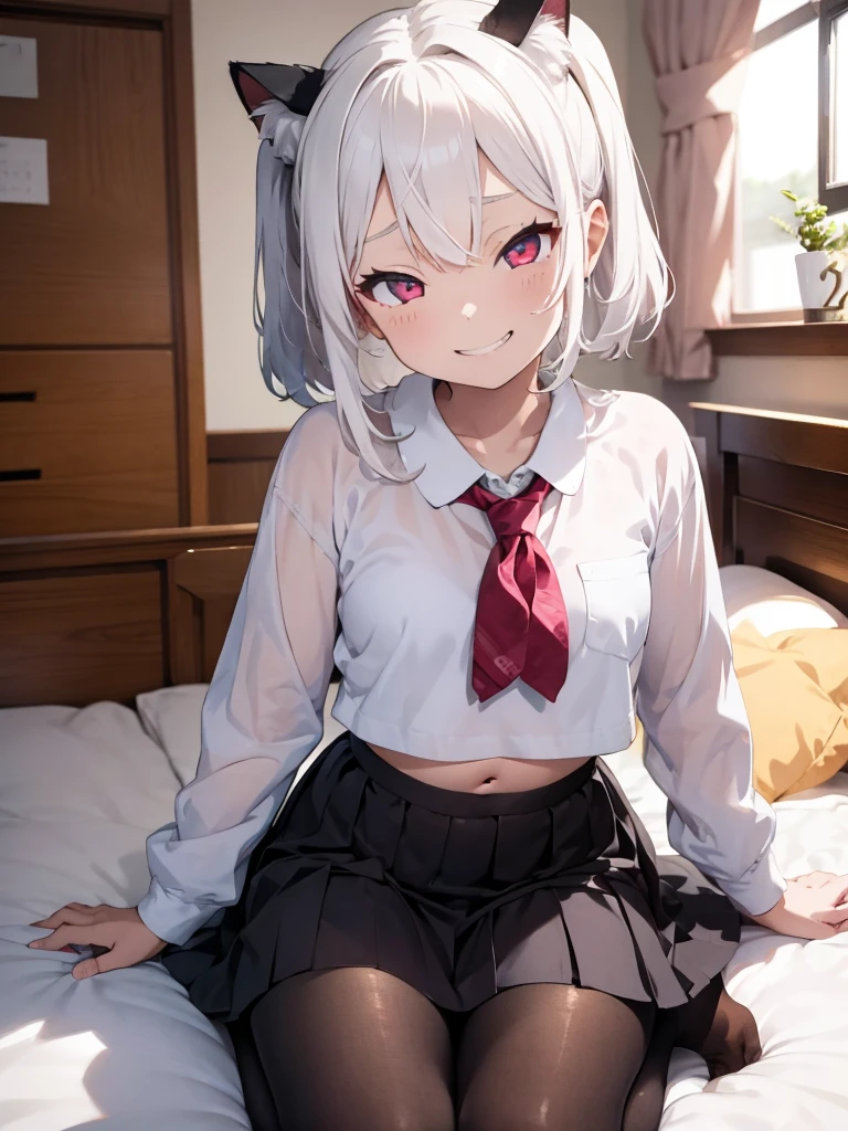 1 Girl, , ,Lovely, Solitary, Grin, Naughty smile, flat chest, Lovely children fashion,、White hair,Cat ear,Pink Eyes,Wear a white shirt,Show your belly button,Wearing a black pleated skirt,Pantyhose,in the room,Kneeling on the bed、Front view、bait、Condescending gaze、A proud expression