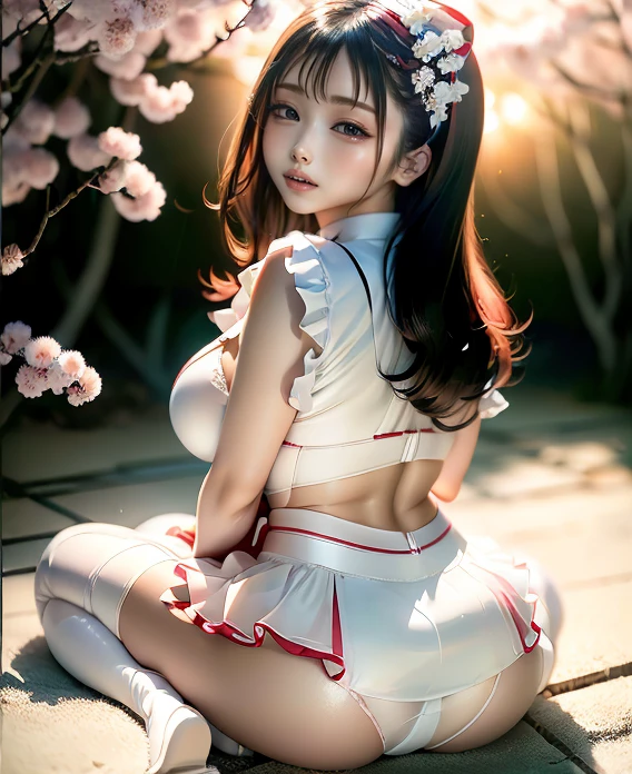 Japan Idol Girl Mature Woman Wavy brunette hair with bangs (Bright red rouge lips) Big Breasts Plump Moderately sized buttocks ((Rimless Glasses)) Big eyes SakuraFubuki ((Nice, Super shiny white long skirt cheongsam)) ((Knee-high boots)) garter belt 8k Realistic ((Cherry tree in full bloom)) (A large amount of cherry blossom petals fall) ((Sunrise at dawn)) ((sit with your back to the camera)) ((Back view of a person sitting upright)) ((Turn around and make eye contact)) ((Sit with your butt sticking out))