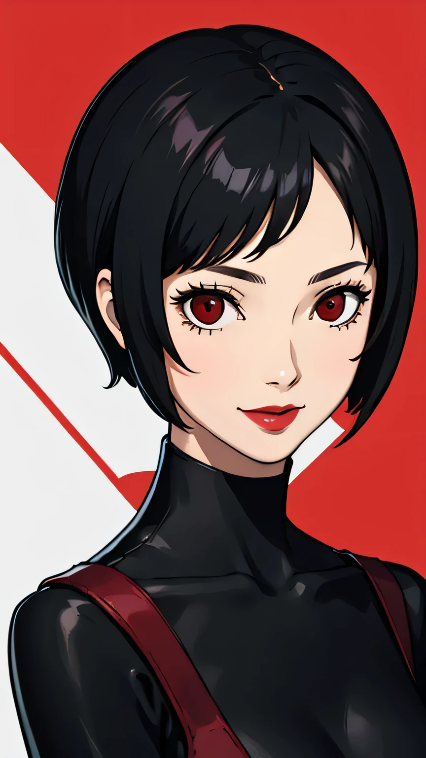 1 girl, red eyes, very Short hair, black choker, lipstick, portrait, smile, black hair, small breast