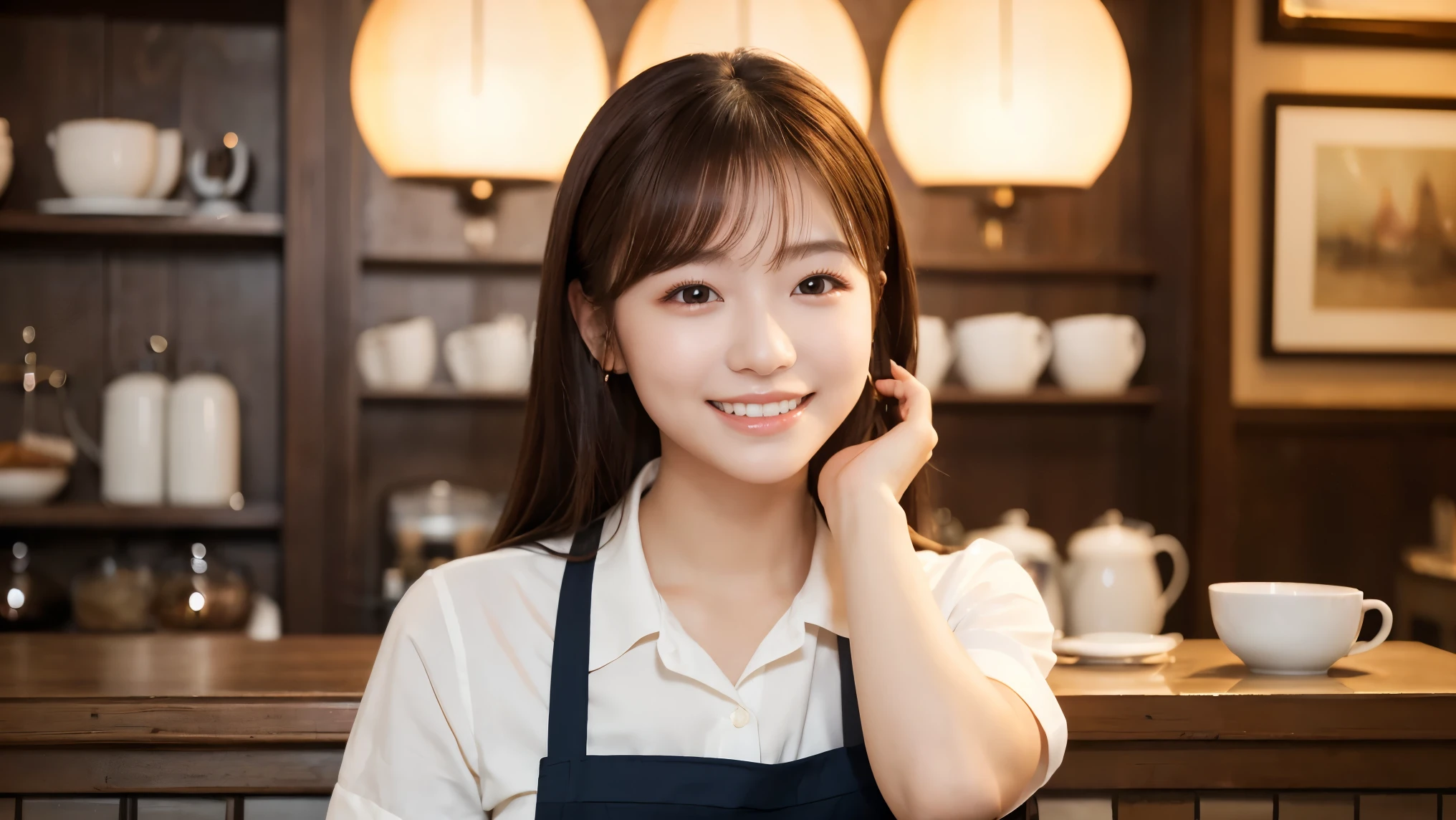 (highest quality、Tabletop、8k、Best image quality、Award-winning works)、Woman working in a café、The perfect brown apron、A classy shirt and apron、Big Breasts、(Accentuate your body lines:1.1)、Beautiful woman portrait、The most elegant and cozy cafe、The most natural cafe, Perfectly organized、The most atmospheric and warm lighting、Stylish and elegant cafe、Strongly blurred background、Look at me and smile、Accurate anatomy、Ultra high resolution perfect beautiful teeth、Ultra-high definition beauty face、Ultra HD Hair、Ultra HD Shining Eyes、Shining, ultra-high quality beautiful skin、Super high quality glossy lip
