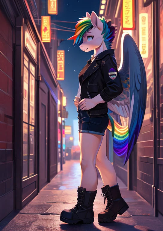 [rainbow dash], ((masterpiece)), ((HD)), ((high res)), ((solo portrait)), ((full body)), ((side view)), ((pony; anthro)), ((detailed fur)), ((detailed shading)), ((beautiful render art)), ((intricate details)), {anthro horse; (slim figure: 2.0), (light-blue fur), horse snout, (cute magenta eyes), (short eyelashes), (multi tone hair), (long rainbow-colored hair: 2.0), (light-blue pegasus wings), (beautiful legs), (tall), (calm expression)}, {(black jacket), (jean shorts), (ankle boots)}, {(standing)}, [background; (city urban), (ambient lighting)]