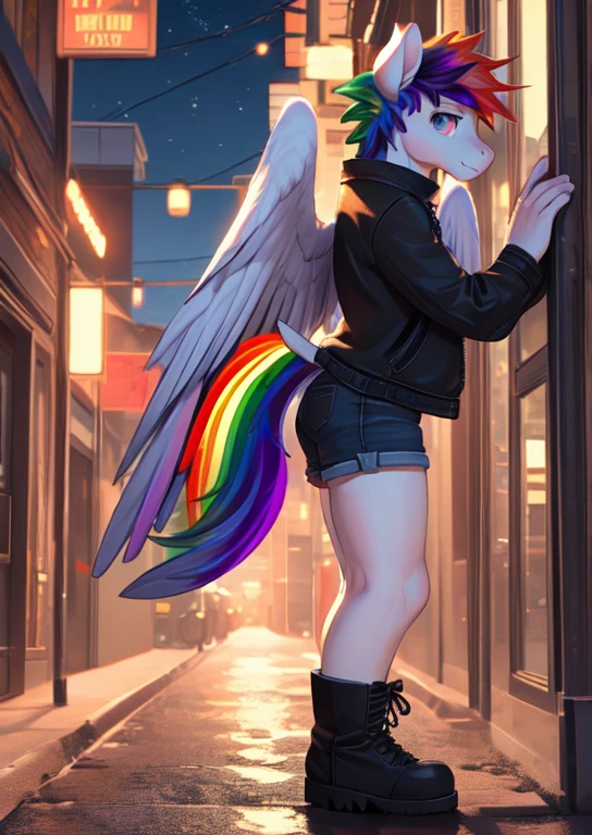 [rainbow dash], ((masterpiece)), ((HD)), ((high res)), ((solo portrait)), ((full body)), ((side view)), ((pony; anthro)), ((detailed fur)), ((detailed shading)), ((beautiful render art)), ((intricate details)), {anthro horse; (slim figure: 2.0), (light-blue fur), horse snout, (cute magenta eyes), (short eyelashes), (multi tone hair), (long rainbow-colored hair: 2.0), (light-blue pegasus wings), (beautiful legs), (tall), (calm expression)}, {(black jacket), (jean shorts), (ankle boots)}, {(standing)}, [background; (city urban), (ambient lighting)]