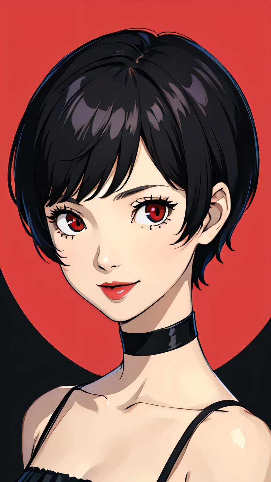 1 girl, red eyes, very Short hair, black choker, lipstick, portrait, smile, black hair, small breast