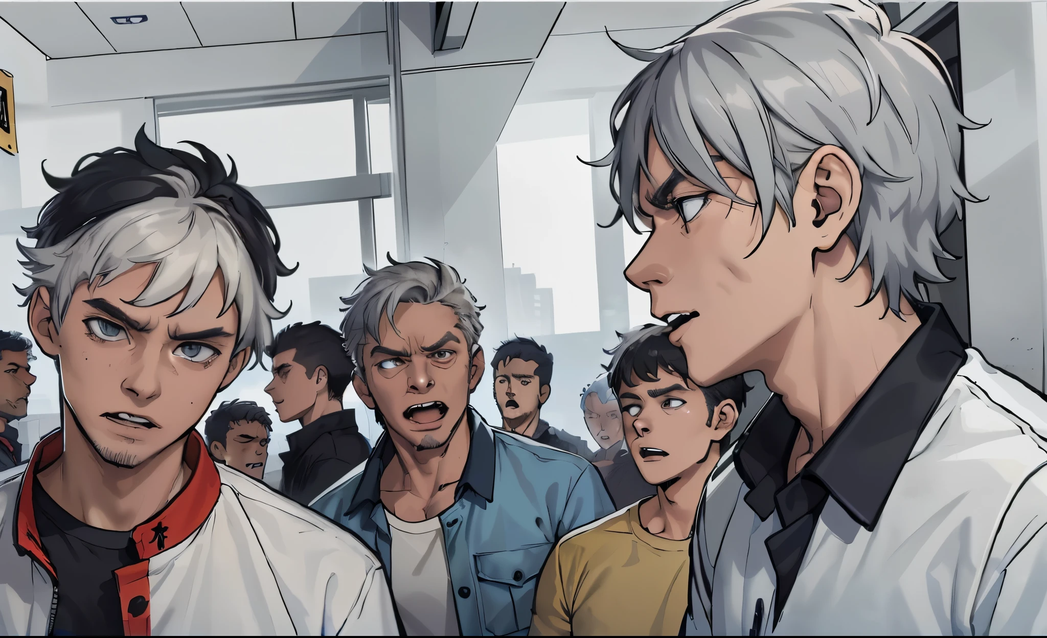 Anime characters are standing in a room full of people