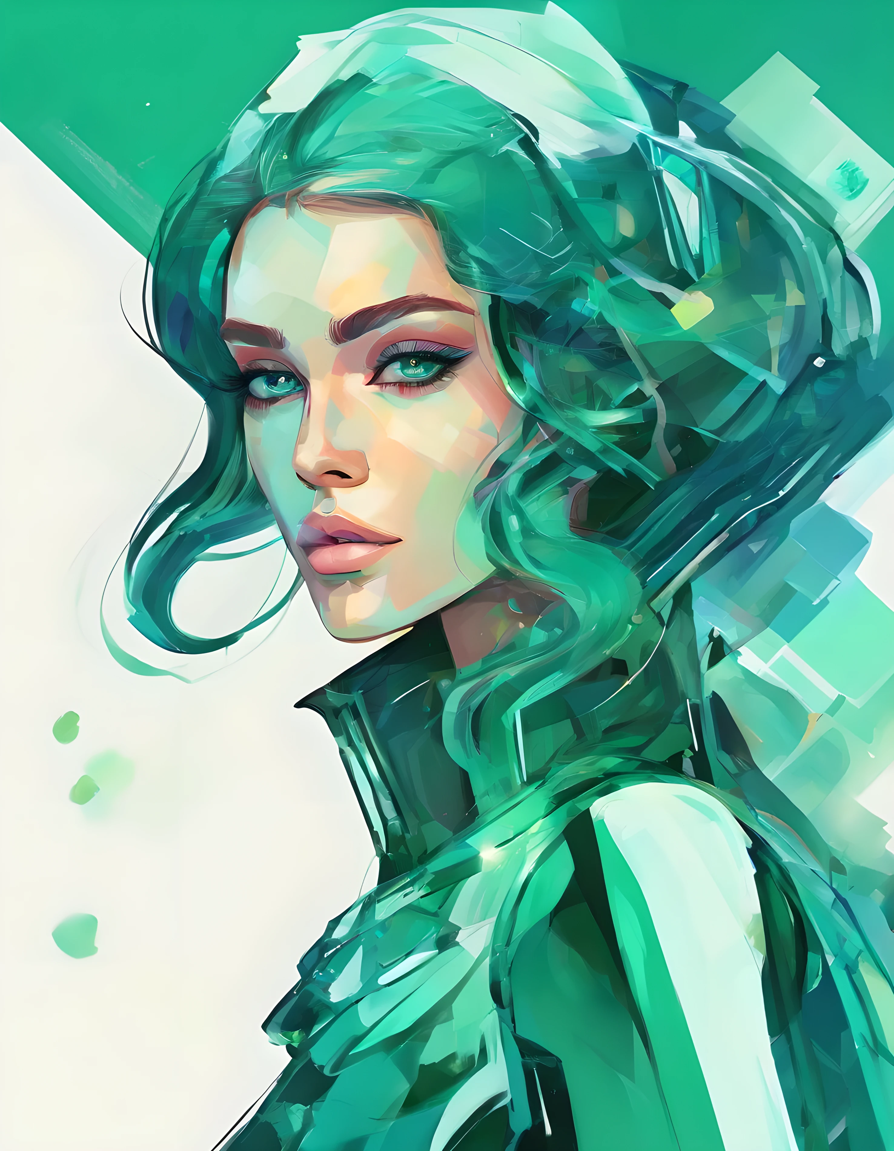 √(2×4)+5^(2), a futuristic woman dressed in emerald green and blue is walking ,digital art