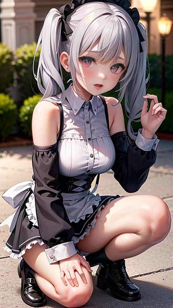 (BESTquality:1.2),(Super Resolution),(Cute Women),(Frilled Skirt),(Thin suspenders),(garter belt),(White knee socks),(DOUBLE hand behind head:1.3),(Photo session with dynamic poses with legs spread wide),(Maid Idol:1.3),(Public broadcast of squats:1.5),(Short hair),,(PINK Panties:1.2)　,(Skirt lift:1.2),(Fall and fall backwards:1.3),((Falling with legs wide open:1.3)),(Live broadcast in the park at night:1.3),(Full body:1.2),(lowangle:1.3),　　　　　　　　　　,(Slim body:1.3),(High twin tail hair:1.5),(｛　Elbe (:1.3　　｝)