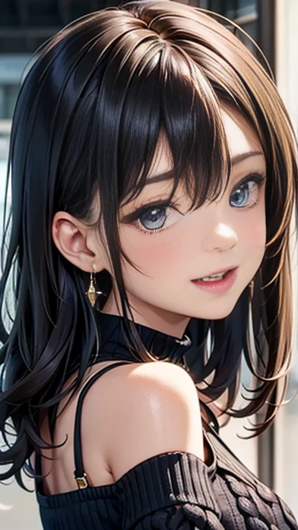 ((highest quality)), ((masterpiece)), (Very detailed), (Very high resolution), 4k, Anime 2D Rendering, Realistic,
One Girl:1.5,
BREAK Symmetrical Face:1.4, Perfect Face, Beautiful clavicle, Beautiful fingers, Beautiful breasts, (Slightly smaller chest),
Beautiful body, Beautiful thighs, Beautiful feet, Perfect round butt, (Detailed skin), Beautiful white skin:1.2, Shiny skin:1.4,
BREAK Baby Face, cute, 18-year-old,
Double eyelids, Natural eyebrows,
(Slanted Eyes), Beautiful and delicate eyes, Sparkling eyes, (Dark blue eyes),
Glossy mouth,
BREAK Beautiful Hair, Shiny Hair, Hair fluttering, (Black Hair), Medium Hair:1.4,
BREAK
(Shiny white high neck knit sweater:1.2、No sleeve:1.3), Long black pencil skirt:1.6、sneakers)、Earrings、Silver Necklace BREAK laugh, ((wink)), sunlight, Under the blue sky, ((turn around)), whole body