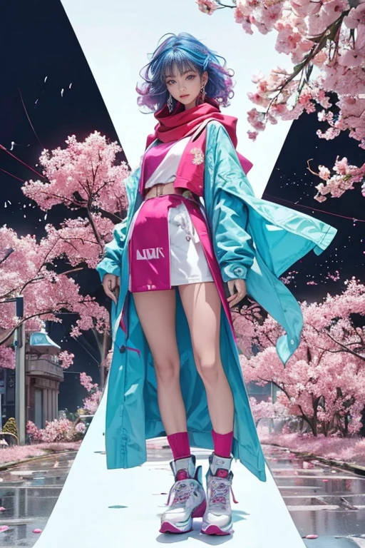 highest quality, Very detailed, masterpiece, 1 person,woman,(((完璧なwomanの体))),Very beautiful face, Very beautiful body,Gentle expression, Very beautiful eyes,(Perfect Makeup:1.1),Fashion Model,Cyberpunk Fashion,Curly Hair,Shaggy Hair,Fluorescent pink and blue hair:1.3, Very thin body,Smart Abs, Monogram pattern,Gradation,Pilot Suit,Two-tone high-top sneakers,A kind smile,Full body portrait,(Background of London), (Shiny skin),(Earrings),Seesul,Long scarf,long shawl,