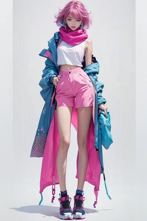 highest quality, Very detailed, masterpiece, 1 person,woman,(((完璧なwomanの体))),Very beautiful face, Very beautiful body,Gentle expression, Very beautiful eyes,(Perfect Makeup:1.1),Fashion Model,Cyberpunk Fashion,Curly Hair,Shaggy Hair,Fluorescent pink and blue hair:1.3, Very thin body,Smart Abs, Monogram pattern,Gradation,Pilot Suit,Two-tone high-top sneakers,A kind smile,Full body portrait,(Background of London), (Shiny skin),(Earrings),Seesul,Long scarf,long shawl,