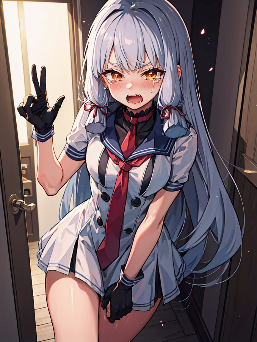 murakumo_kantaicollection, long_hair, hair_ribbon, ribbon, headgear, bangs, grey_hair, sidelocks, blunt_bangs, tress_ribbon, orange_eyes, necktie, dress, gloves, sailor_dress, white_gloves, 1 gilr , solo, looking at viewer
BREAK 
(sfw:1.3), have to pee, (hand between legs), leaning forward, pigeon-toed, raise one hand
BREAK
(anger), (crying), (blush), (open your mouth:1.3), wavy mouth
BREAK
official art, best masterpiece, best quality, best resolution, 8K, best detailed, highly detailed hands, highly detailed fingers, very detailed mouth, perfect anatomy
BREAK
(door, hallway), dust, dust, light particles, very fine and detailed 16KCG wallpapers, 