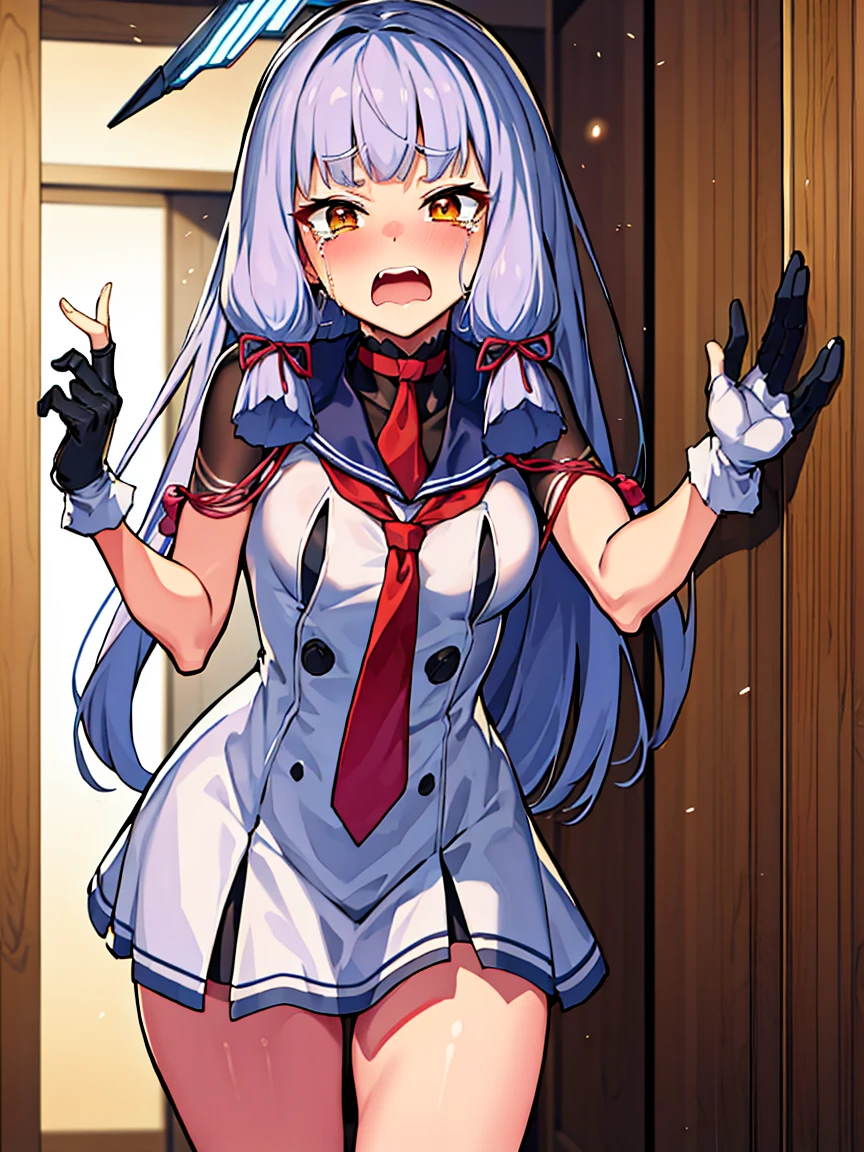 murakumo_kantaicollection, long_hair, hair_ribbon, ribbon, headgear, bangs, grey_hair, sidelocks, blunt_bangs, tress_ribbon, orange_eyes, necktie, dress, gloves, sailor_dress, white_gloves, 1 gilr , solo, looking at viewer
BREAK 
(sfw:1.3), have to pee, (hand between legs), leaning forward, pigeon-toed, raise one hand
BREAK
(anger), (crying), (blush), (open your mouth:1.3), wavy mouth
BREAK
official art, best masterpiece, best quality, best resolution, 8K, best detailed, highly detailed hands, highly detailed fingers, very detailed mouth, perfect anatomy
BREAK
(door, hallway), dust, dust, light particles, very fine and detailed 16KCG wallpapers, 