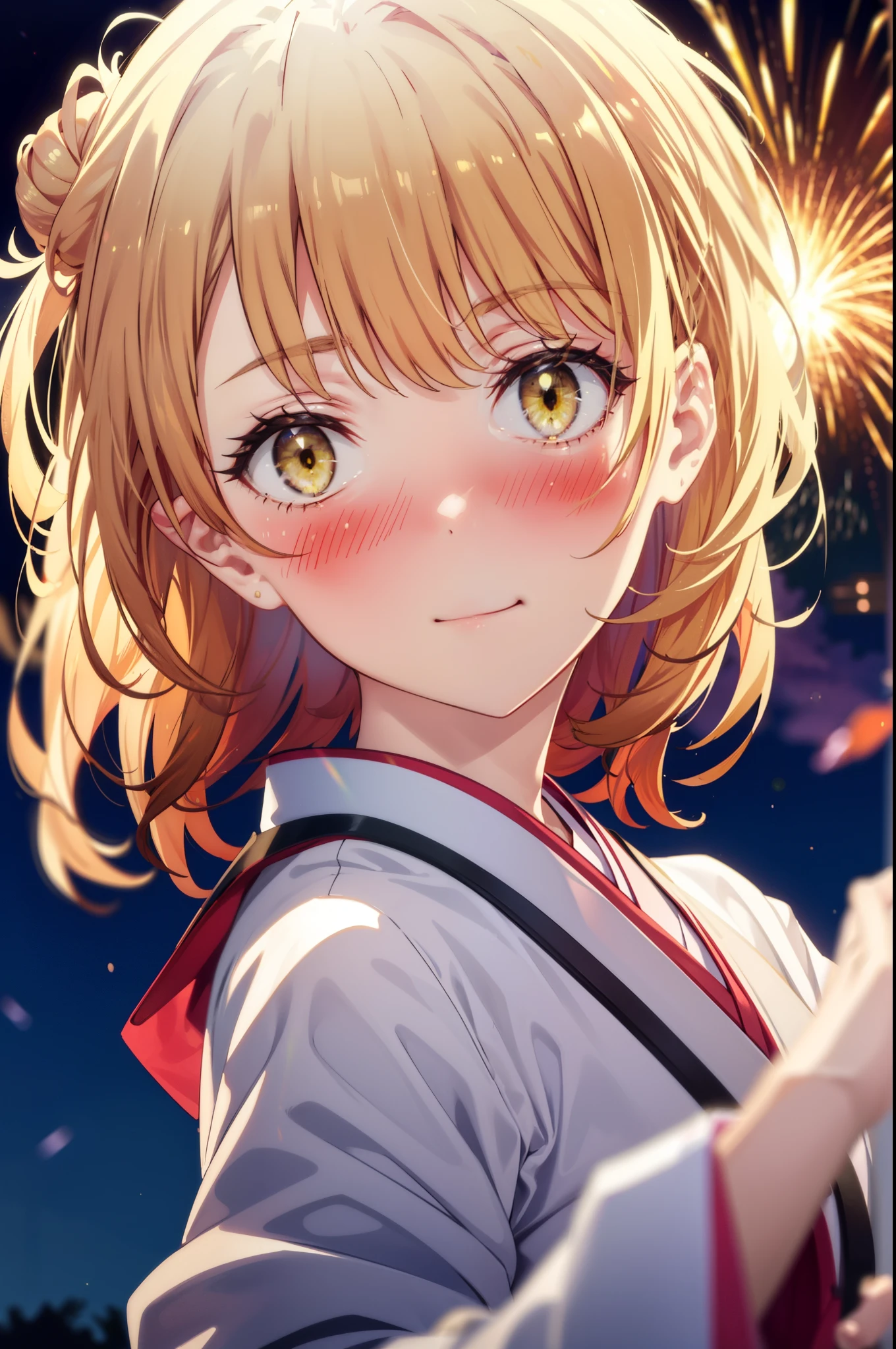 irohaisshiki, Iroha Isshiki, long hair, Brown Hair, (Brown eyes:1.5), Hair Bun, single Hair Bun,smile,Yellow kimono,Thick sleeves,Yellow hakama,White tabi,Sandals,日本のFestivalり,夏Festivalりの屋台,Red lantern,Fireworks in the night sky、Fireworks,The place is a fireworks display,Time is night,sunny day,whole bodyがイラストに入るように,歩いている
break outdoors, Festival,
break looking at viewer,whole body,
break (masterpiece:1.2), highest quality, High resolution, unity 8k wallpaper, (figure:0.8), (Beautiful fine details:1.6), Highly detailed face, Perfect lighting, Highly detailed CG, (Perfect hands, Perfect Anatomy),