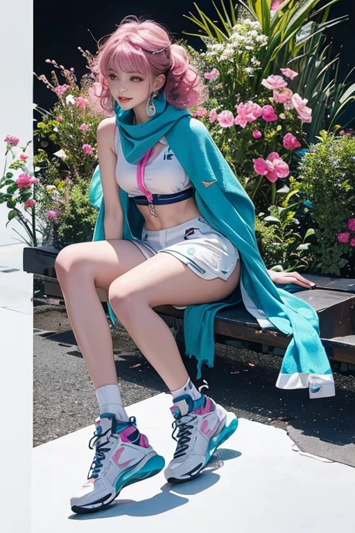 highest quality, Very detailed, masterpiece, 1 person,woman,(((完璧なwomanの体))),Very beautiful face, Very beautiful body,Gentle expression, Very beautiful eyes,(Perfect Makeup:1.1),Fashion Model,Cyberpunk Fashion,Curly Hair,Shaggy Hair,Fluorescent pink and blue hair:1.3, Very thin body,Smart Abs, Monogram pattern,Gradation,Formal suit,Two-tone high-top sneakers,A kind smile,Full body portrait,(Background of London), (Shiny skin),(Earrings),Seesul,Long scarf,long shawl,