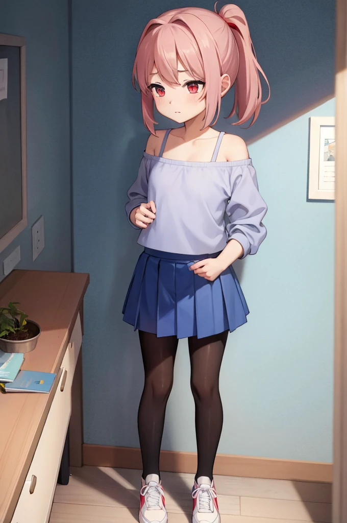 8k,masterpiece, best quality, 1 Girl，bedroom，big eyes，Loli，Slender figure，short and small，Red eyes， Light blue double ponytail， Wear a white shirt，Show your belly button，Wearing a black pleated skirt，Off-shoulder，Shy, blush，Pantyhose，Standing，Black sneakers，