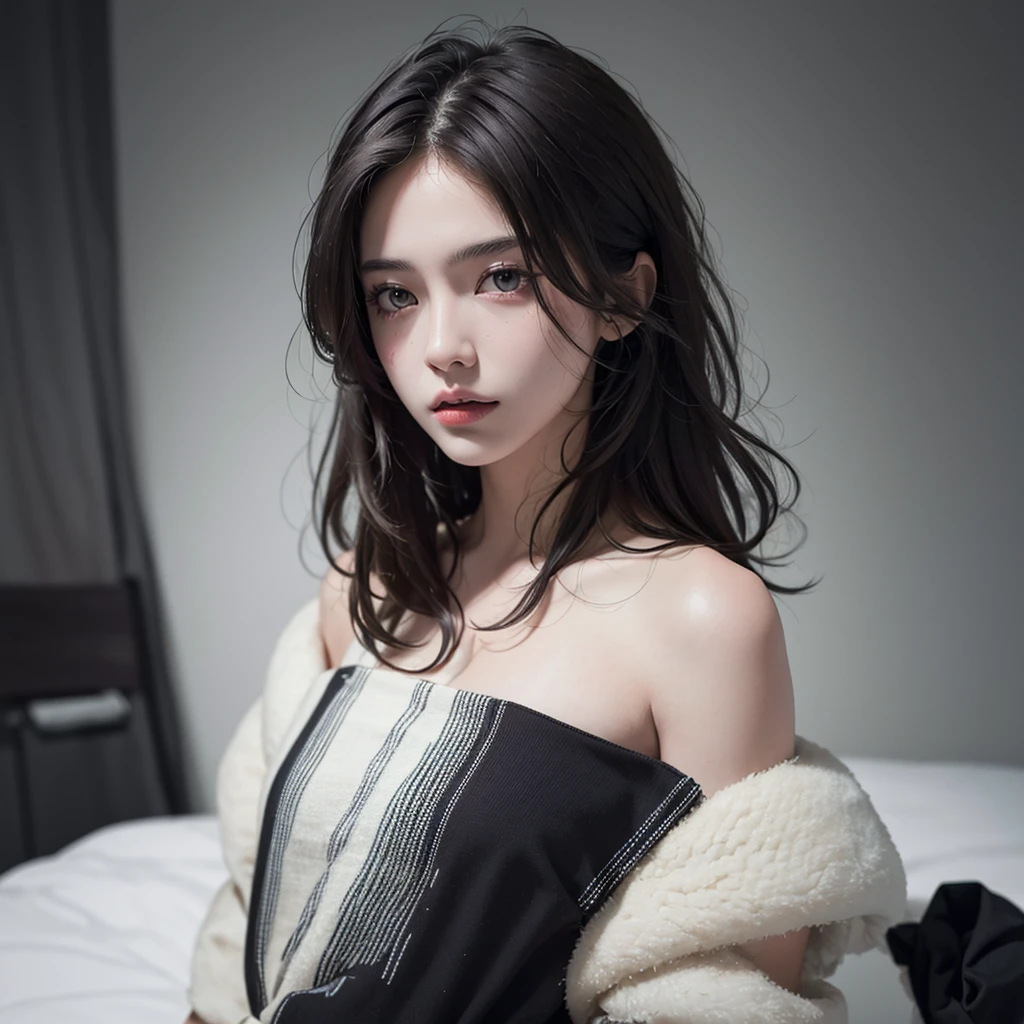 highest quality， masterpiece， Ultra-high resolution， （Realistic：1.5）， RAW Photos， One Girl， b Shoulder， Dark Night， Dark shading， bass， Cold Light，  Short white hair