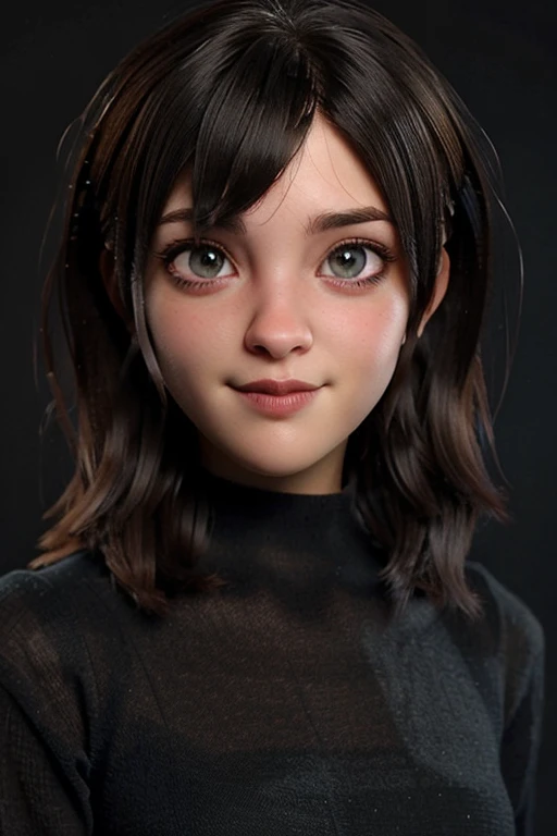obra maestra, mejor calidad, trabajo de renderizado 3d, estilo 3DMM, de cerca, retrato, 3D, Mavis, solo, pelo negro, colar de corda, mirando hacia el lado, realista, parte superior del cuerpo, fondo sencillo, franja, mirando hacia otro lado, pelo largo y negro, labios entreabiertos, constituir, long curly brown hair, ojos verdes, lenceria rosa, escote, aeris gainsborough, aeris